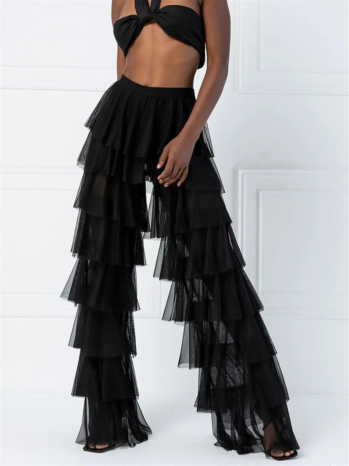 Women Tulle Pants Ruffle Solid Ruched High Waist Layered Sheer See Through Trouser Y2k Sexy Party Dress Up Streetwear