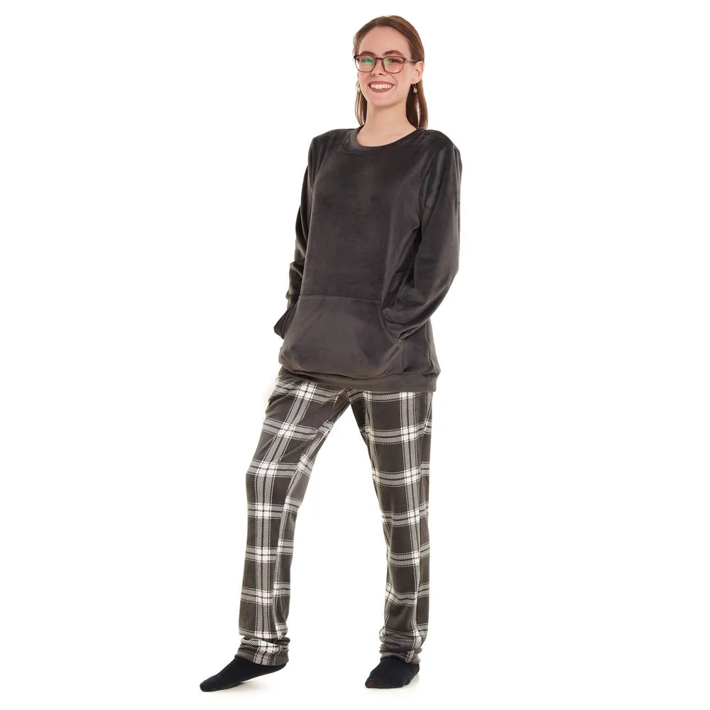 Women Winter Pajama Set Dark grey Sweatshirt  Grey checkered Pants