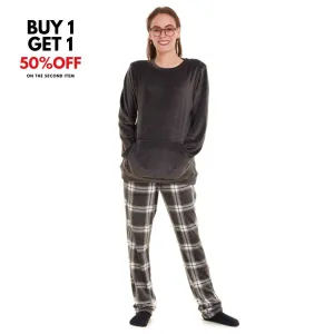 Women Winter Pajama Set Dark grey Sweatshirt  Grey checkered Pants