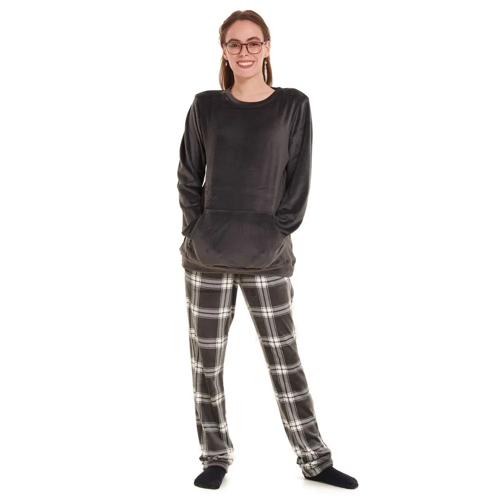 Women Winter Pajama Set Dark grey Sweatshirt  Grey checkered Pants