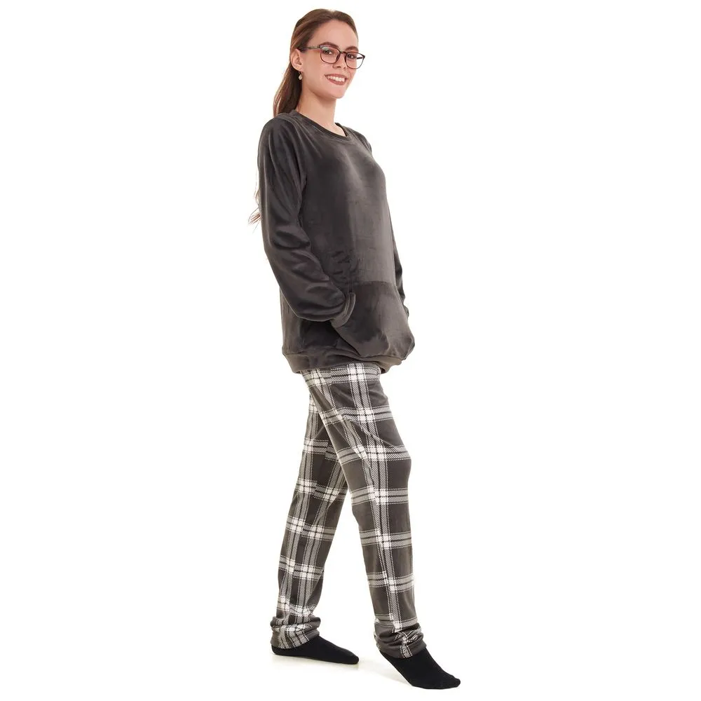 Women Winter Pajama Set Dark grey Sweatshirt  Grey checkered Pants