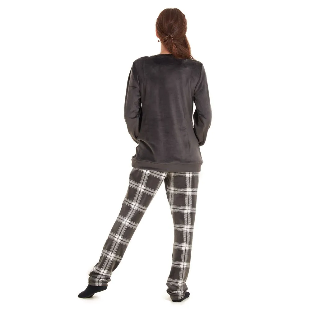 Women Winter Pajama Set Dark grey Sweatshirt  Grey checkered Pants
