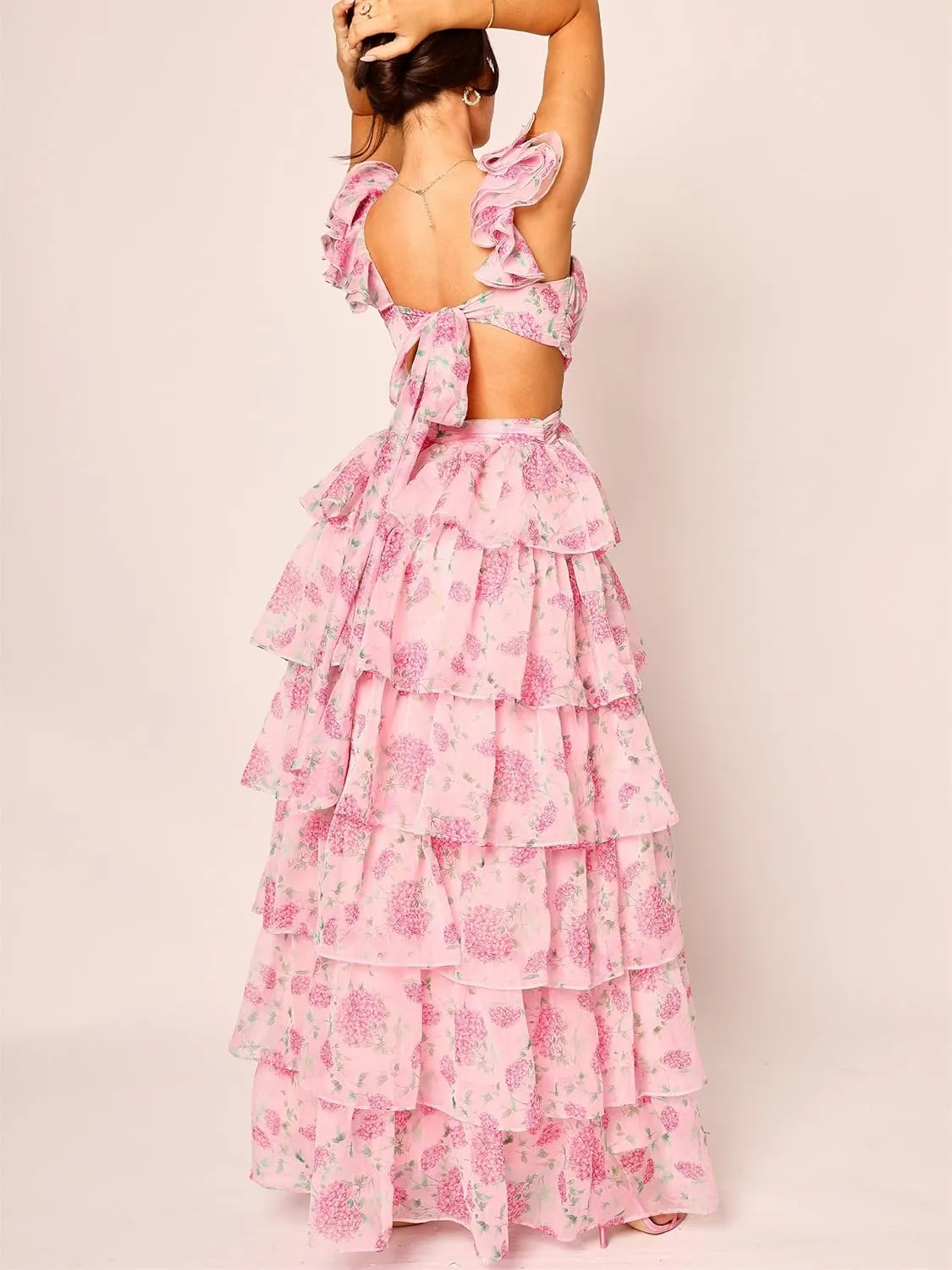 Women Y2k Boho Floral Maxi Dress Sleeveless Ruffle Ruched Backless Tie Tiered Flowy Long Sundress Summer Streetwear