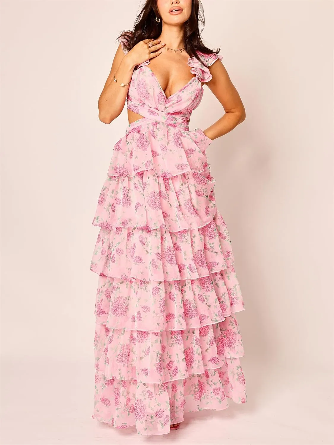 Women Y2k Boho Floral Maxi Dress Sleeveless Ruffle Ruched Backless Tie Tiered Flowy Long Sundress Summer Streetwear