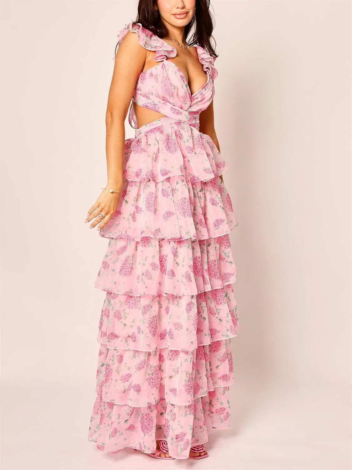 Women Y2k Boho Floral Maxi Dress Sleeveless Ruffle Ruched Backless Tie Tiered Flowy Long Sundress Summer Streetwear