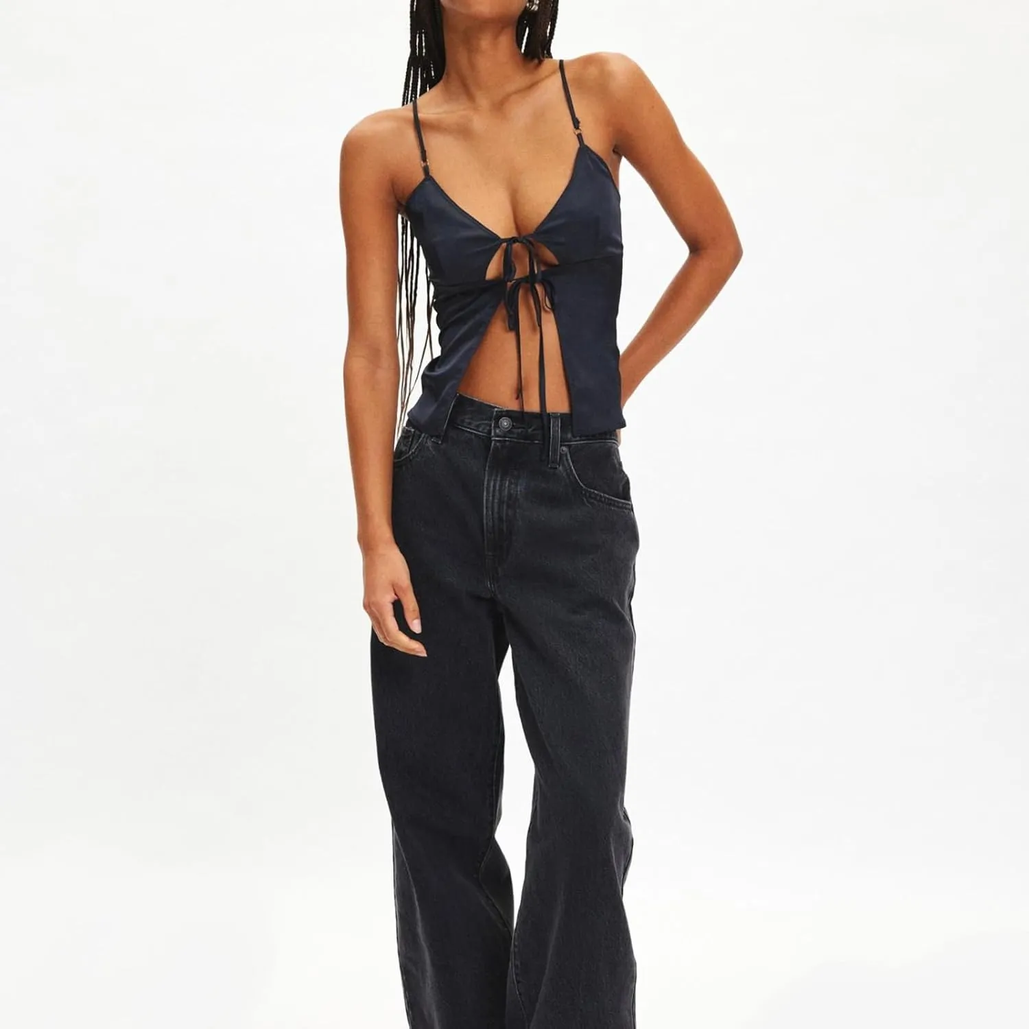 Women Y2k Floral Mesh Cami Tops Tie Front Spaghetti Strap V Neck Lace Up Camisole Summer Going Out Tank Top