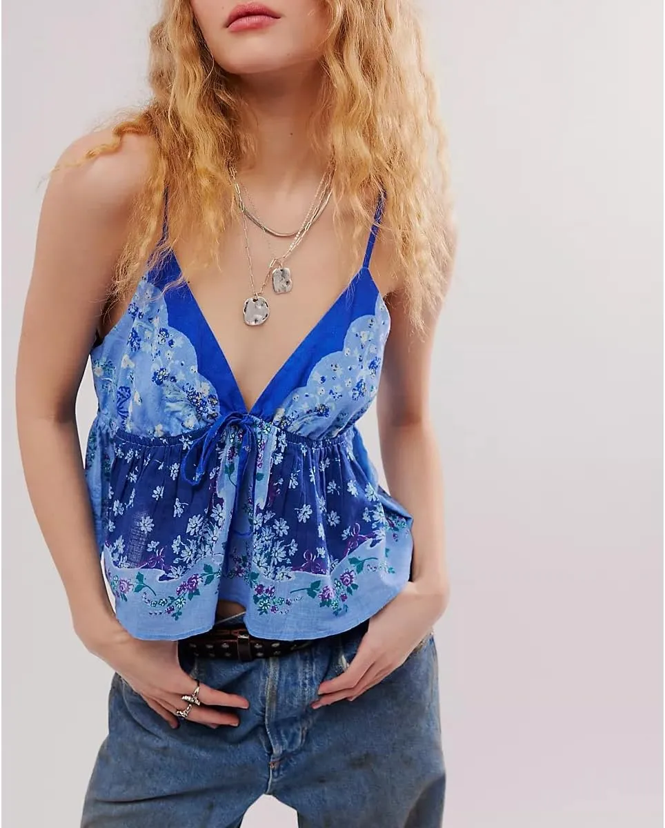 Women Y2k Floral Mesh Cami Tops Tie Front Spaghetti Strap V Neck Lace Up Camisole Summer Going Out Tank Top