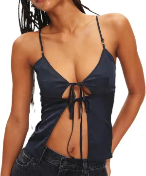 Women Y2k Floral Mesh Cami Tops Tie Front Spaghetti Strap V Neck Lace Up Camisole Summer Going Out Tank Top
