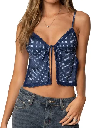 Women Y2k Floral Mesh Cami Tops Tie Front Spaghetti Strap V Neck Lace Up Camisole Summer Going Out Tank Top