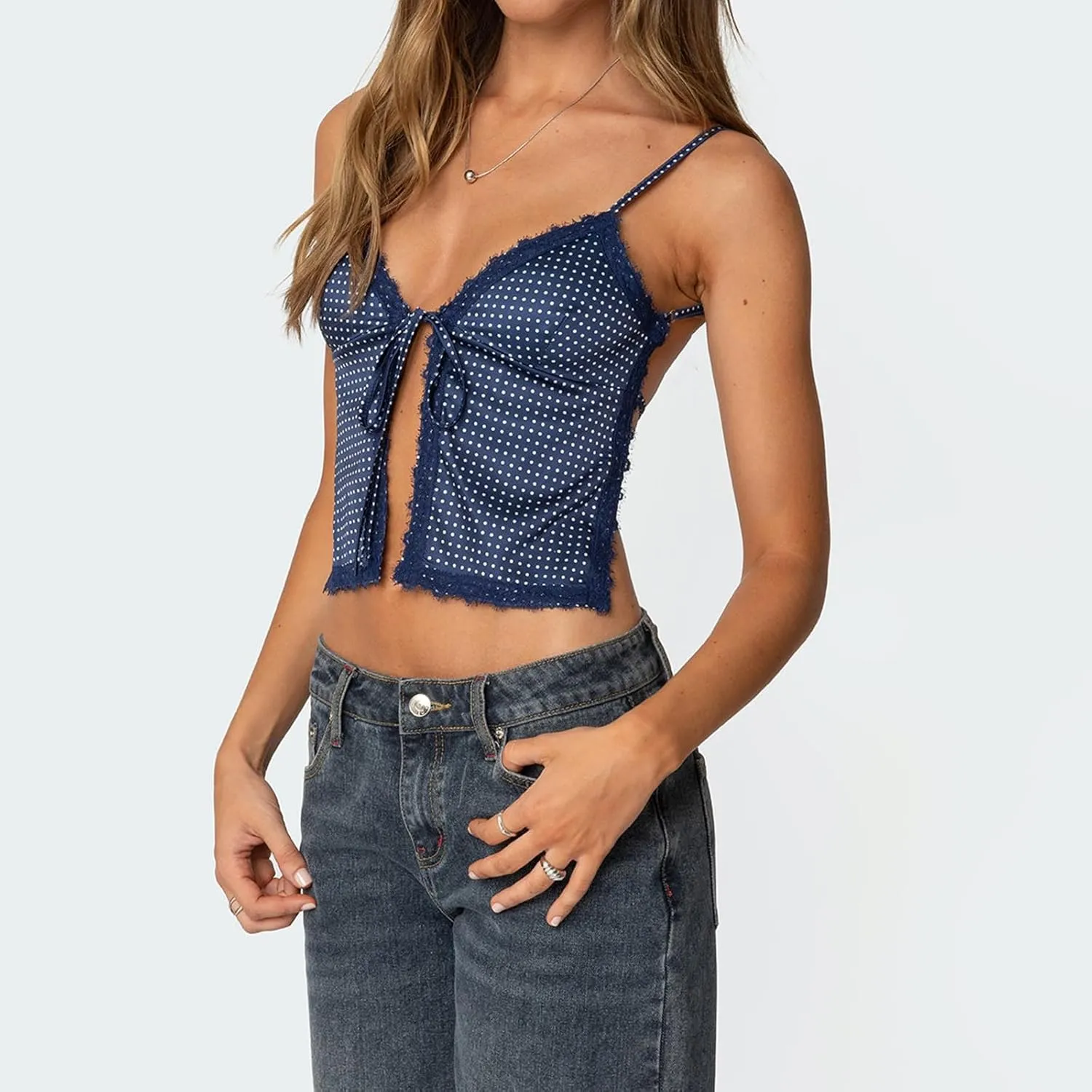 Women Y2k Floral Mesh Cami Tops Tie Front Spaghetti Strap V Neck Lace Up Camisole Summer Going Out Tank Top