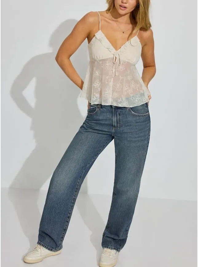 Women Y2k Floral Mesh Cami Vintage Layered Ruffle Hem Lace Camisoles Sleeveless V Neck Spaghetti Strap Going Out Tank Top