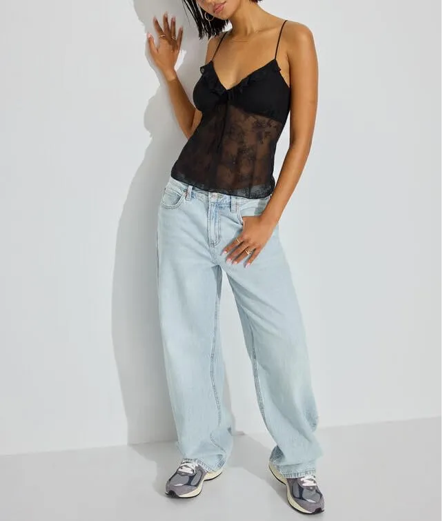 Women Y2k Floral Mesh Cami Vintage Layered Ruffle Hem Lace Camisoles Sleeveless V Neck Spaghetti Strap Going Out Tank Top
