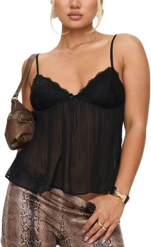Women Y2k Floral Mesh Cami Vintage Layered Ruffle Hem Lace Camisoles Sleeveless V Neck Spaghetti Strap Going Out Tank Top
