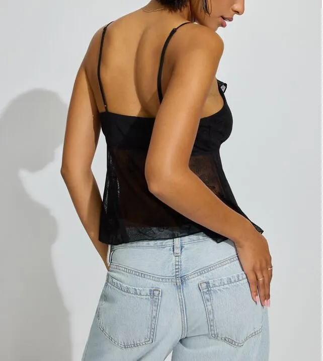Women Y2k Floral Mesh Cami Vintage Layered Ruffle Hem Lace Camisoles Sleeveless V Neck Spaghetti Strap Going Out Tank Top