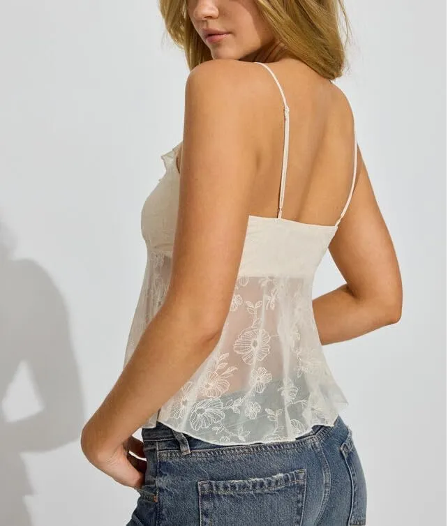 Women Y2k Floral Mesh Cami Vintage Layered Ruffle Hem Lace Camisoles Sleeveless V Neck Spaghetti Strap Going Out Tank Top