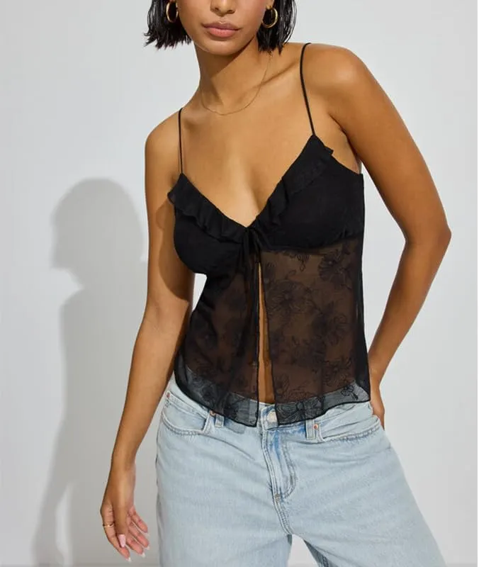 Women Y2k Floral Mesh Cami Vintage Layered Ruffle Hem Lace Camisoles Sleeveless V Neck Spaghetti Strap Going Out Tank Top