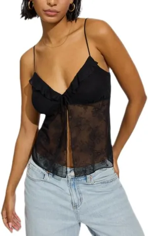Women Y2k Floral Mesh Cami Vintage Layered Ruffle Hem Lace Camisoles Sleeveless V Neck Spaghetti Strap Going Out Tank Top