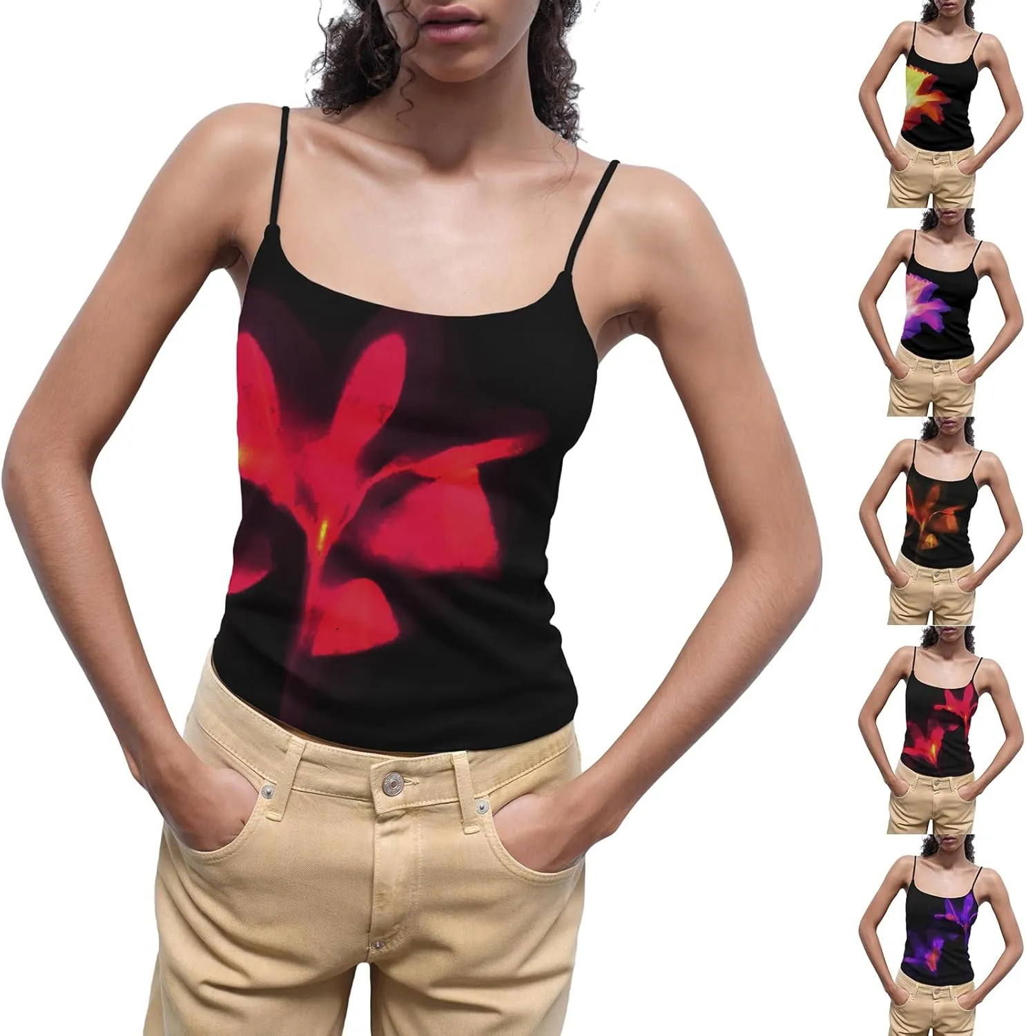 Women Y2k Floral Print Crop Tank Top Sleeveless Square Neck Aesthetic Graphic Camisoles Cute Going Out Cami Shirt