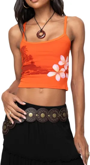 Women Y2k Floral Print Crop Tank Top Sleeveless Square Neck Aesthetic Graphic Camisoles Cute Going Out Cami Shirt