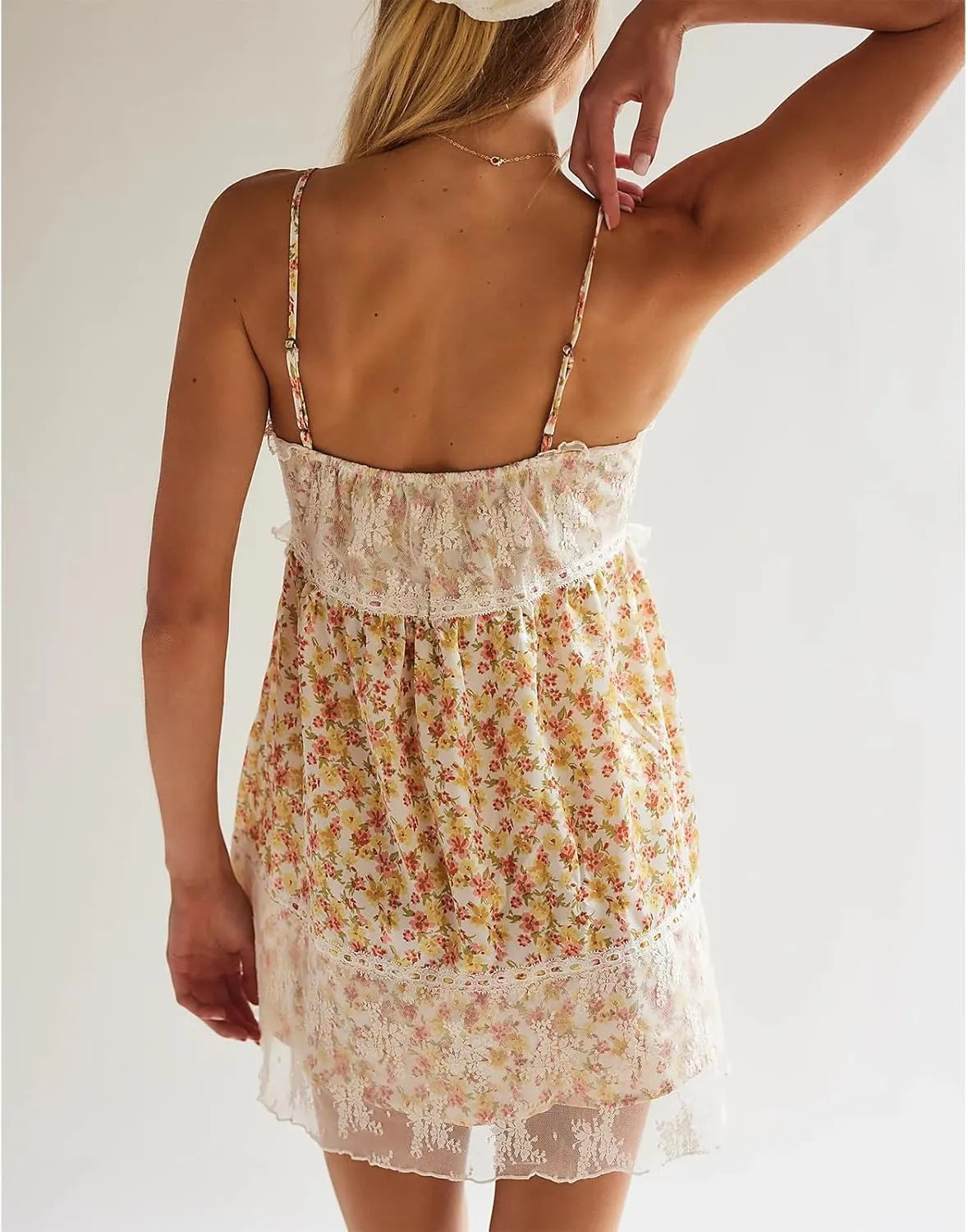 Women Y2K Lace Floral Print Mini Dress Cute Spaghetti Straps Bow Tie Short Dress Summer Outfits Sleeveless Dress