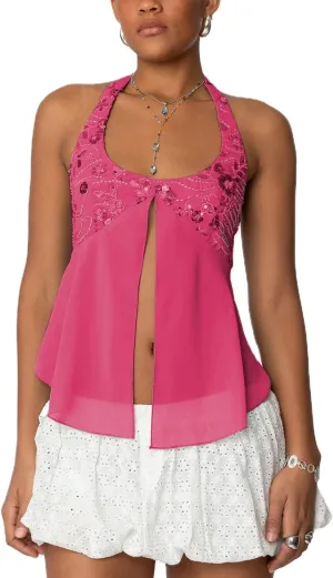 Women Y2K Sequin Cami Tops Sleeveless Scoop Neck Chiffon Patchwork Sparkly Halter Crop Top Split Front Glitter Tank