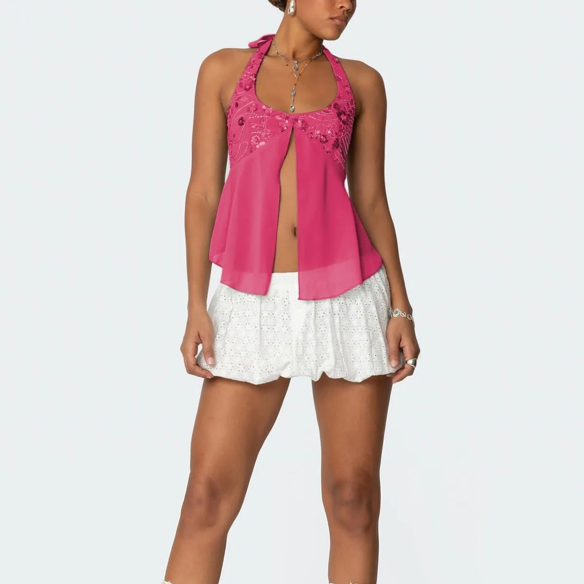 Women Y2K Sequin Cami Tops Sleeveless Scoop Neck Chiffon Patchwork Sparkly Halter Crop Top Split Front Glitter Tank