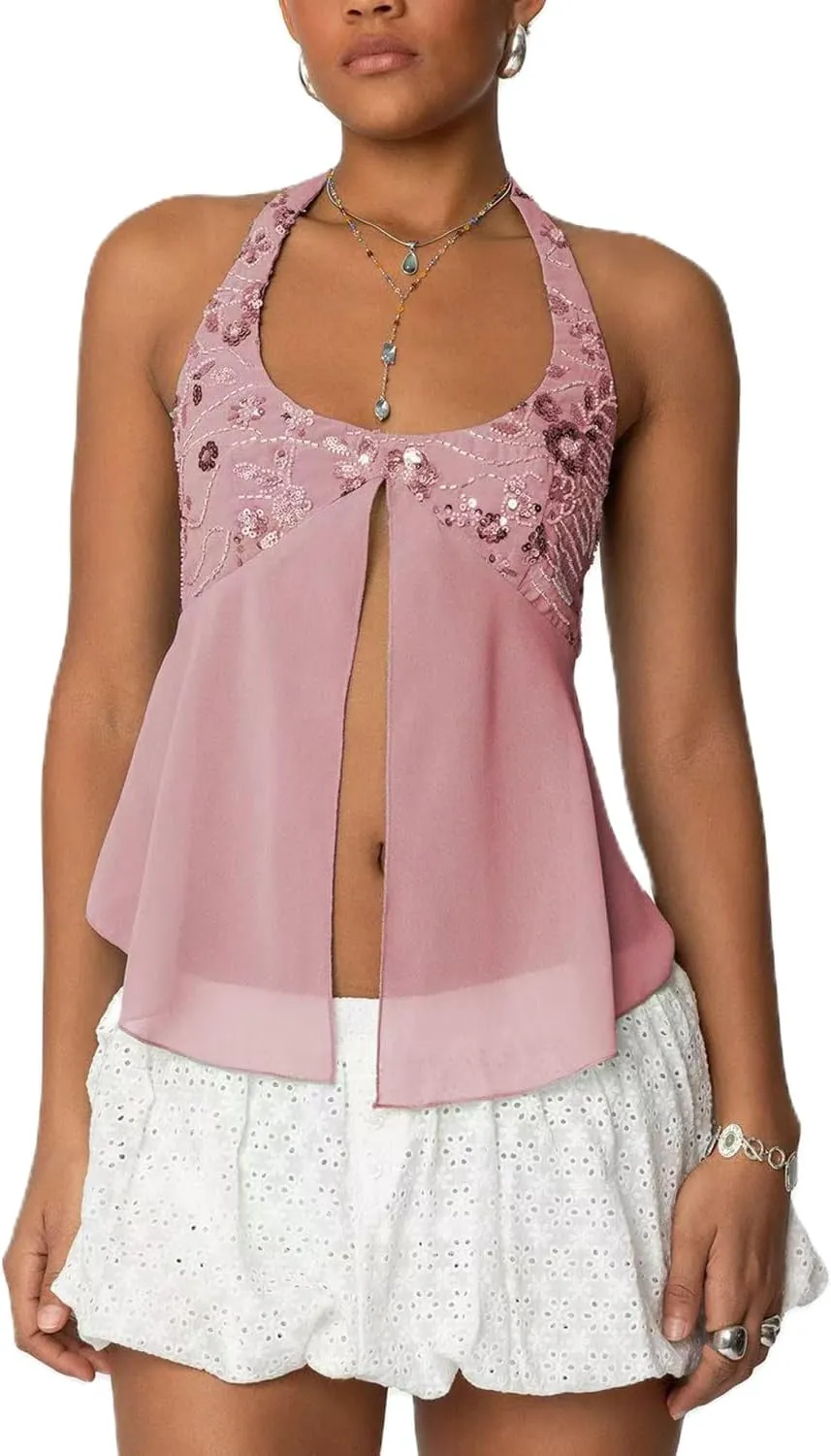 Women Y2K Sequin Cami Tops Sleeveless Scoop Neck Chiffon Patchwork Sparkly Halter Crop Top Split Front Glitter Tank