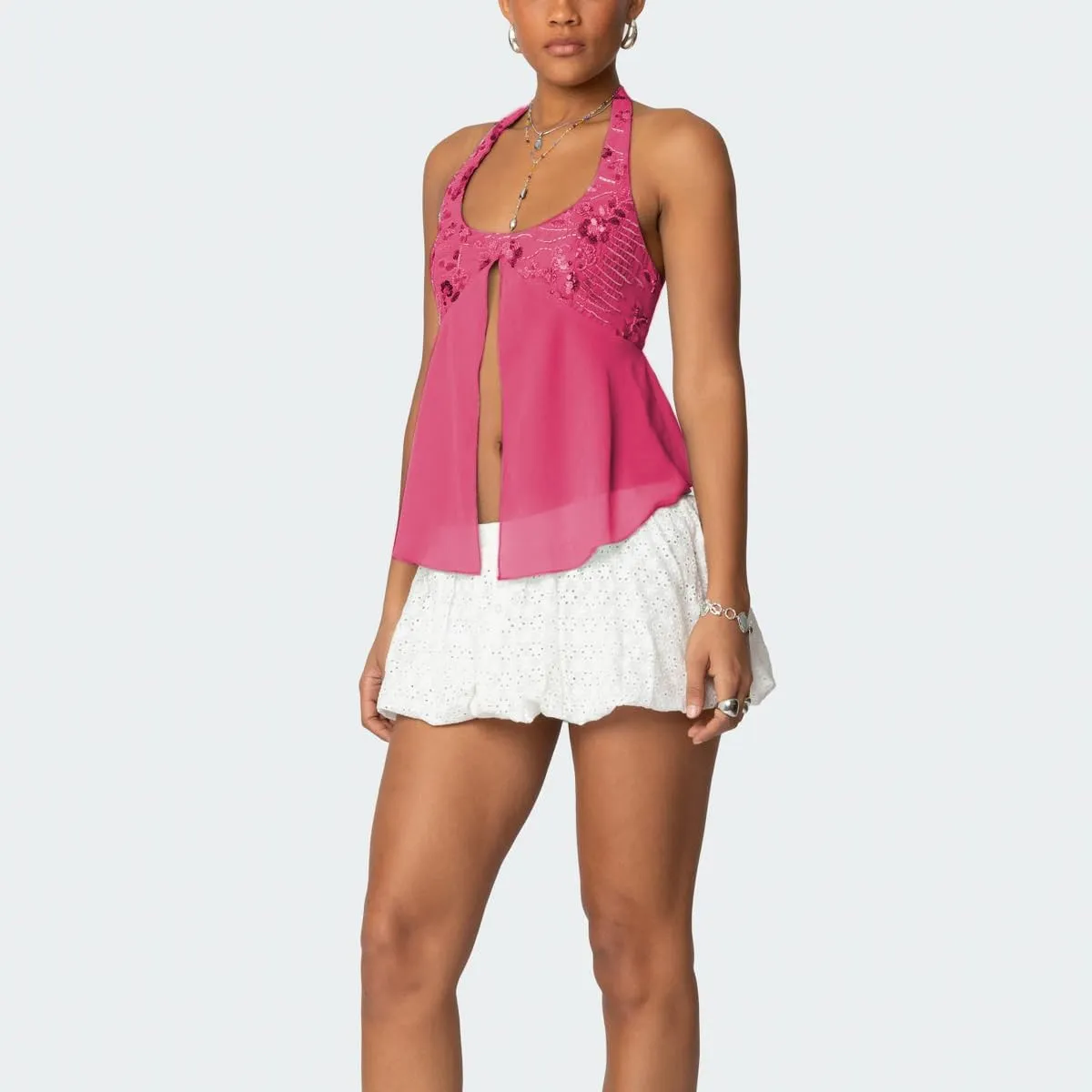 Women Y2K Sequin Cami Tops Sleeveless Scoop Neck Chiffon Patchwork Sparkly Halter Crop Top Split Front Glitter Tank
