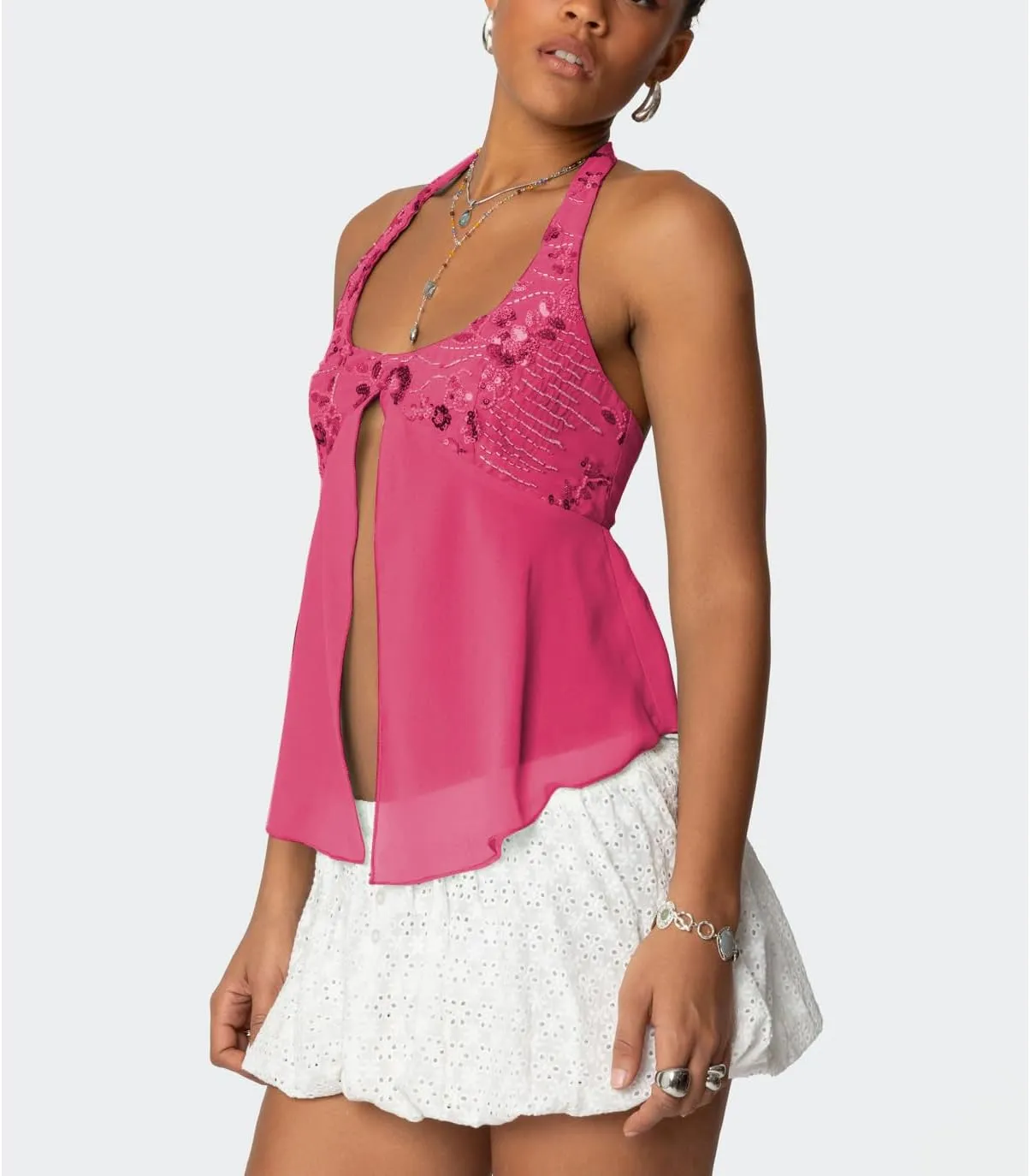 Women Y2K Sequin Cami Tops Sleeveless Scoop Neck Chiffon Patchwork Sparkly Halter Crop Top Split Front Glitter Tank