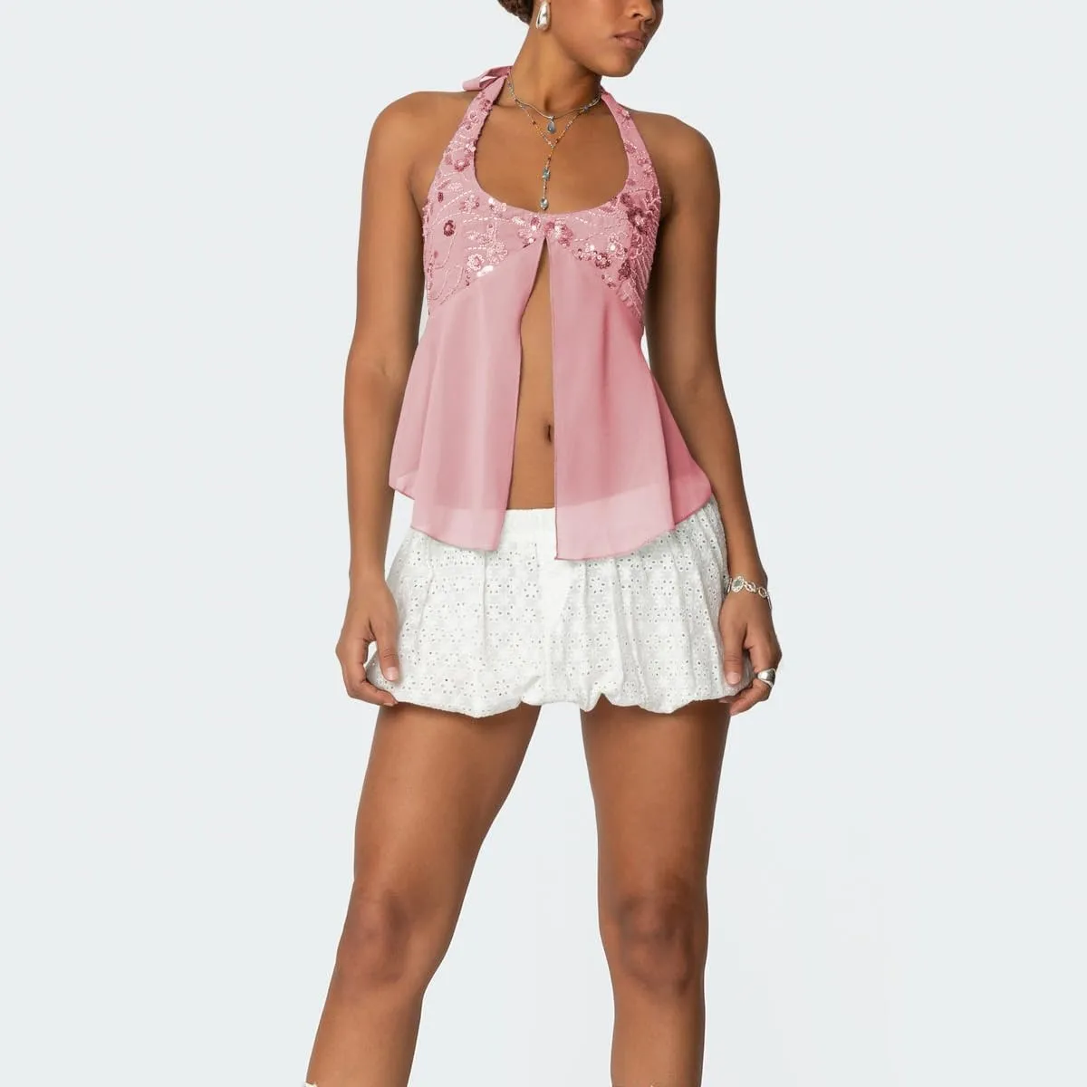 Women Y2K Sequin Cami Tops Sleeveless Scoop Neck Chiffon Patchwork Sparkly Halter Crop Top Split Front Glitter Tank