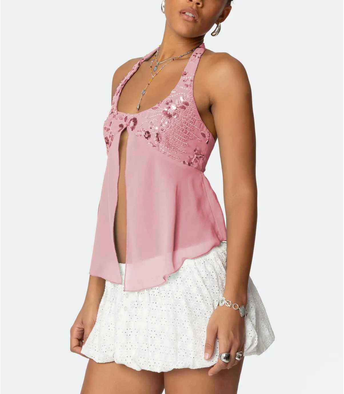 Women Y2K Sequin Cami Tops Sleeveless Scoop Neck Chiffon Patchwork Sparkly Halter Crop Top Split Front Glitter Tank