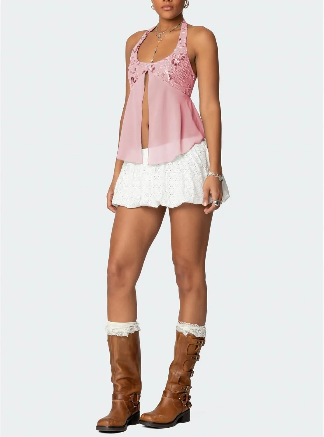 Women Y2K Sequin Cami Tops Sleeveless Scoop Neck Chiffon Patchwork Sparkly Halter Crop Top Split Front Glitter Tank