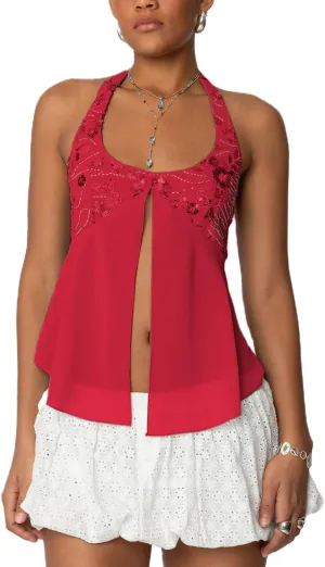 Women Y2K Sequin Cami Tops Sleeveless Scoop Neck Chiffon Patchwork Sparkly Halter Crop Top Split Front Glitter Tank