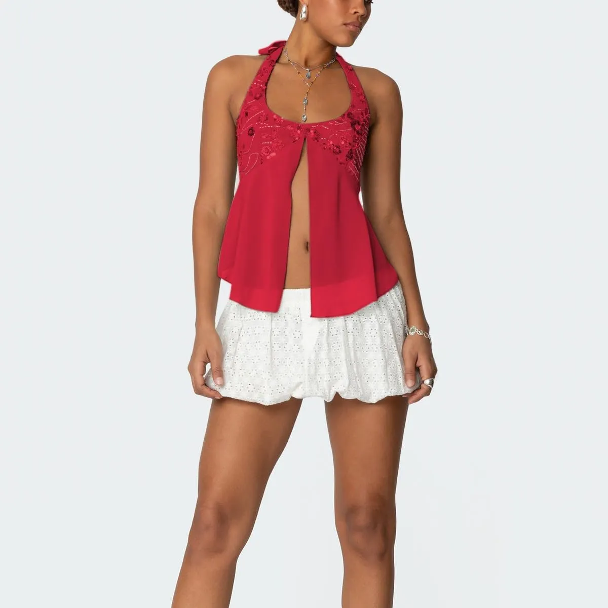 Women Y2K Sequin Cami Tops Sleeveless Scoop Neck Chiffon Patchwork Sparkly Halter Crop Top Split Front Glitter Tank
