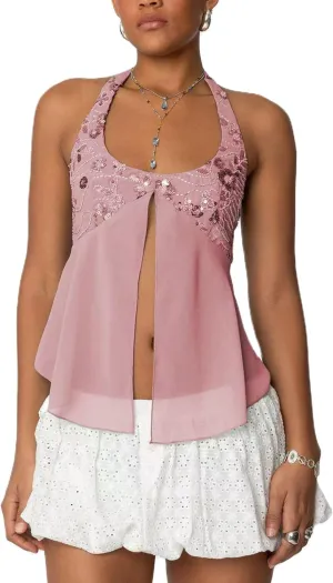 Women Y2K Sequin Cami Tops Sleeveless Scoop Neck Chiffon Patchwork Sparkly Halter Crop Top Split Front Glitter Tank