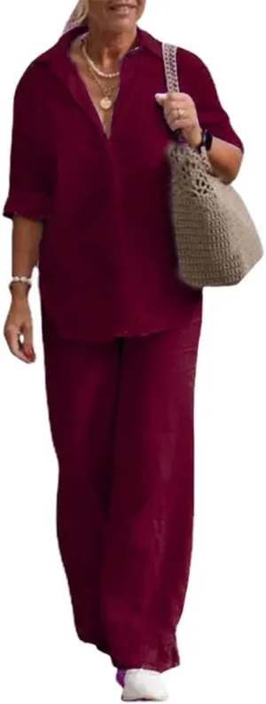 Women's 2 Piece Linen Pants and Shirt Set Ladies Beige Button V Neck Shirts Tops Set Linen Pants Suits for Women