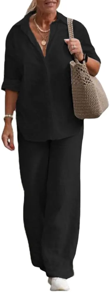Women's 2 Piece Linen Pants and Shirt Set Ladies Beige Button V Neck Shirts Tops Set Linen Pants Suits for Women