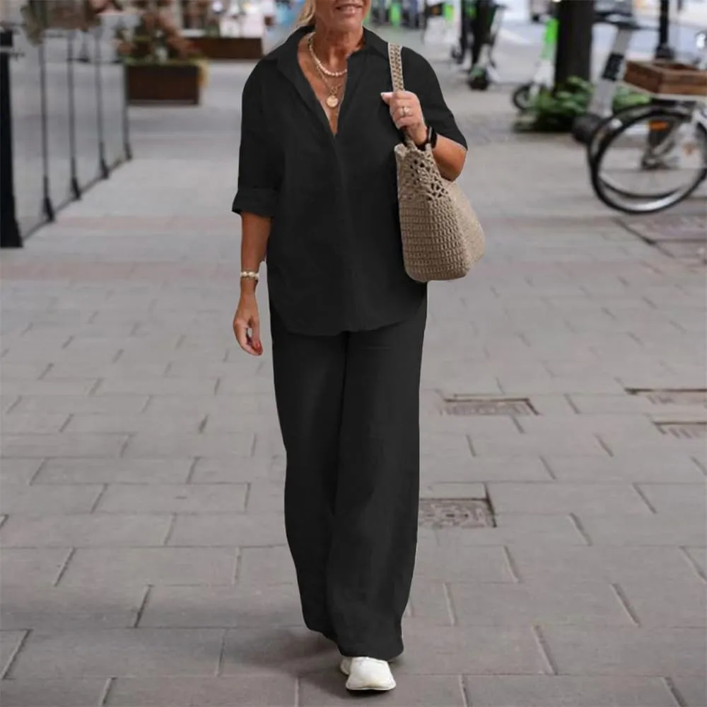 Women's 2 Piece Linen Pants and Shirt Set Ladies Beige Button V Neck Shirts Tops Set Linen Pants Suits for Women