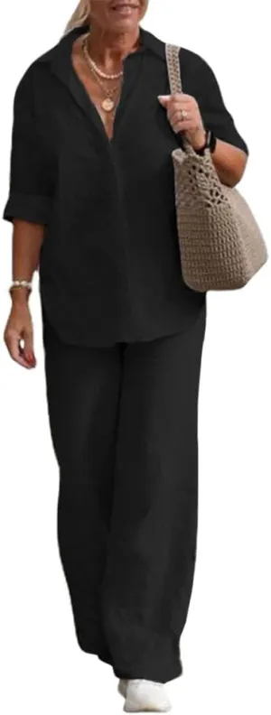 Women's 2 Piece Linen Pants and Shirt Set Ladies Beige Button V Neck Shirts Tops Set Linen Pants Suits for Women