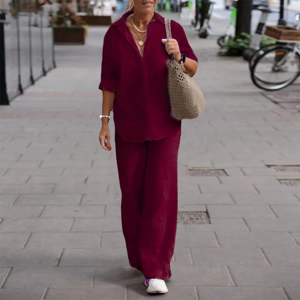 Women's 2 Piece Linen Pants and Shirt Set Ladies Beige Button V Neck Shirts Tops Set Linen Pants Suits for Women