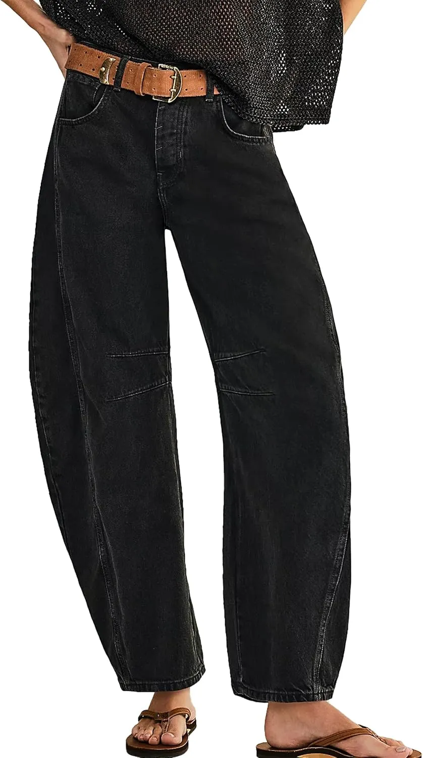 Women's Barrel Jeans Vintage Mid Rise Wide Leg Y2k Baggy Boyfriend Ankle Denim Pants
