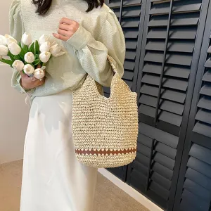 Women's Boho Straw Woven Beach Bag Rattan Bucket Small Tote Bag 2025 Summer Trendy Fashion Raffia Handbags