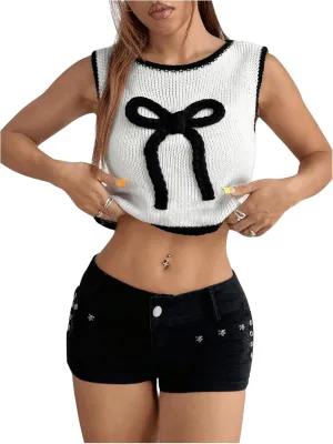 Women's Bow Knot Pattern Sweater Vest Color Block Crew Neck Sleeveless Knitted Crop Tops