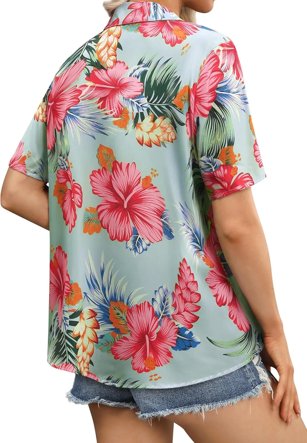 Womens Button Down Hawaiian Shirts Short Sleeve Floral Print Summer V Neck T-Shirt Casual Summer Beach Blouses Tops