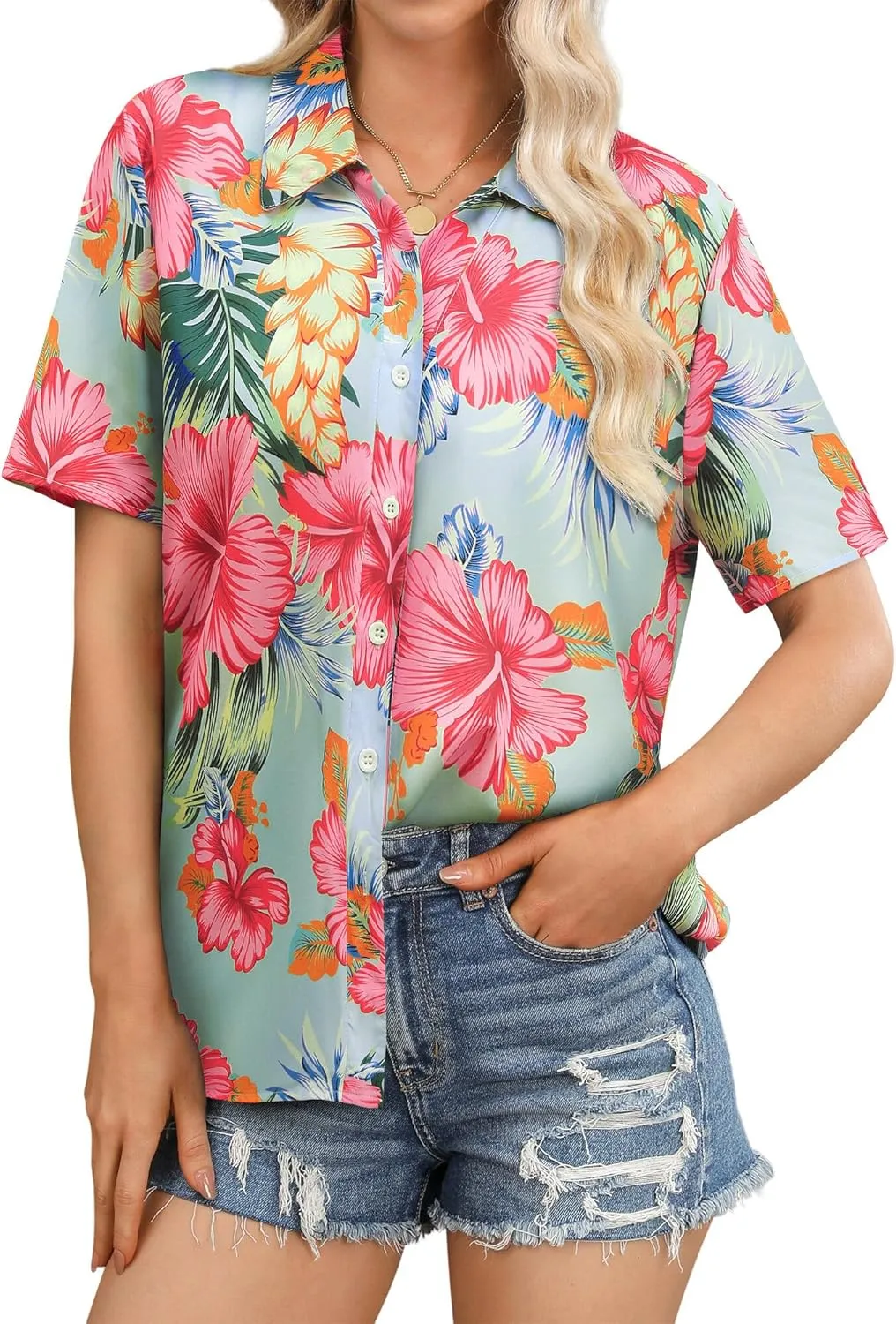 Womens Button Down Hawaiian Shirts Short Sleeve Floral Print Summer V Neck T-Shirt Casual Summer Beach Blouses Tops