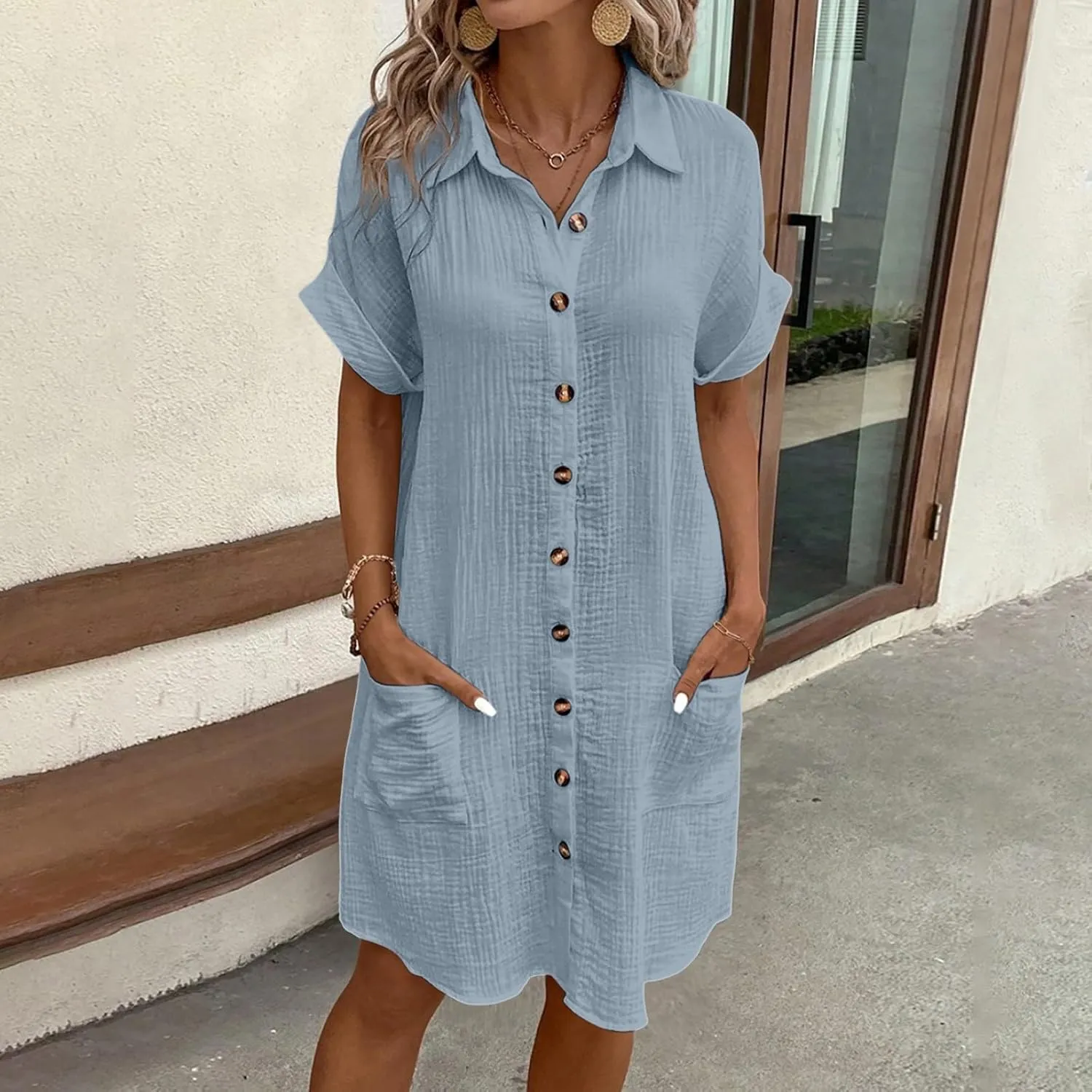 Womens Button Down Shirt Dress Summer Cotton Linen Dress Mini Dress Casual Short Sleeve Loose Tunic Dresses with Pockets