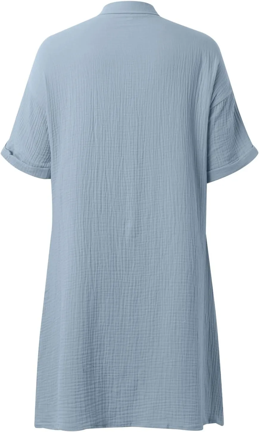 Womens Button Down Shirt Dress Summer Cotton Linen Dress Mini Dress Casual Short Sleeve Loose Tunic Dresses with Pockets