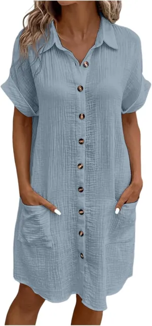 Womens Button Down Shirt Dress Summer Cotton Linen Dress Mini Dress Casual Short Sleeve Loose Tunic Dresses with Pockets