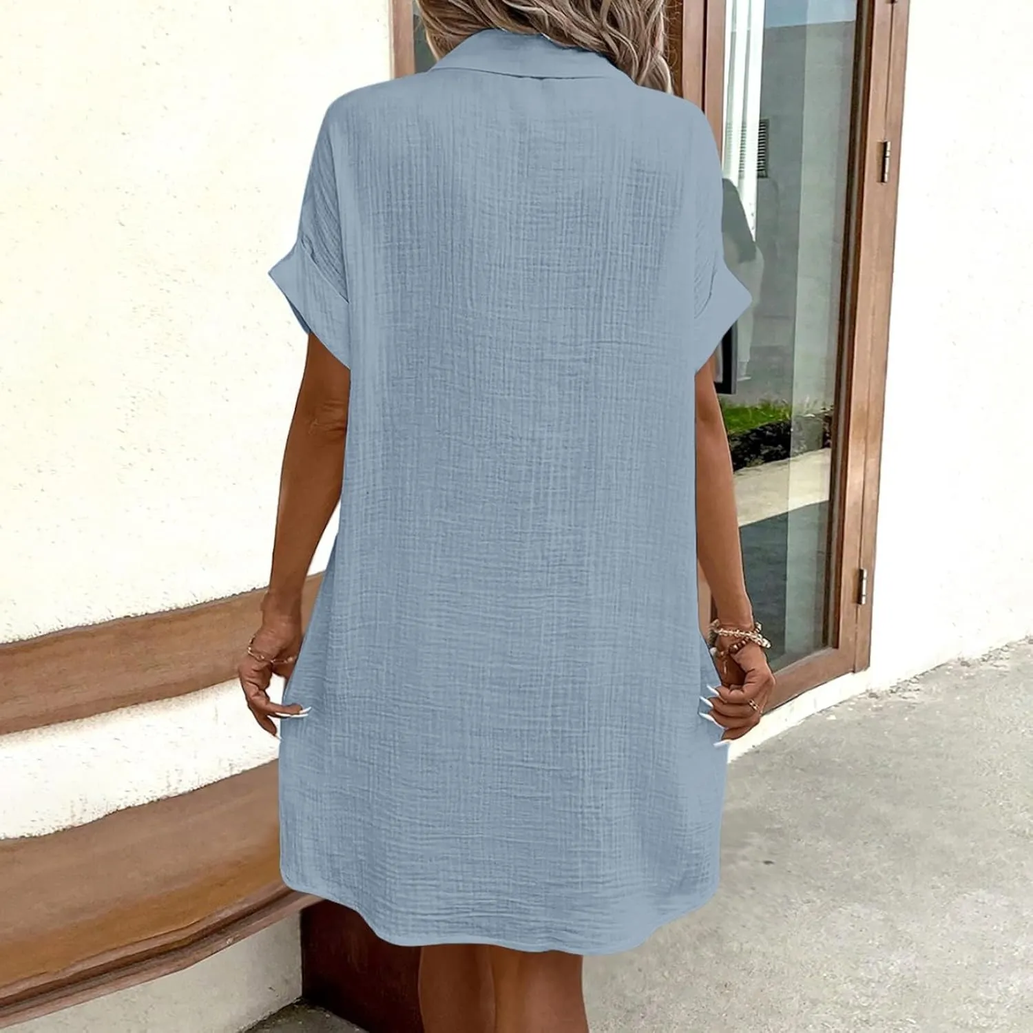 Womens Button Down Shirt Dress Summer Cotton Linen Dress Mini Dress Casual Short Sleeve Loose Tunic Dresses with Pockets