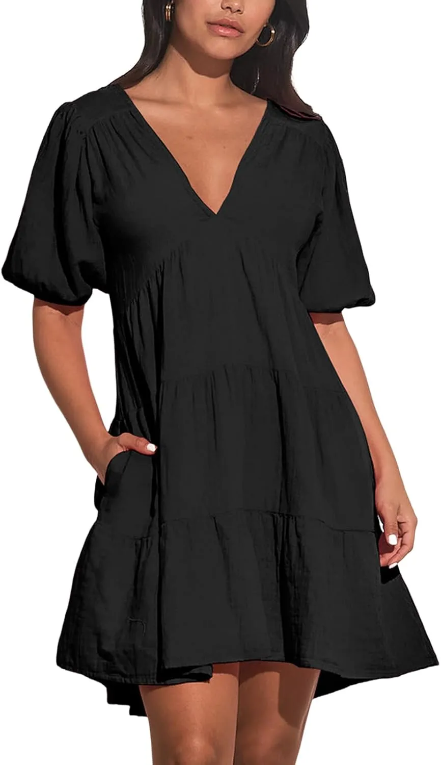 Women's Casual Dress Deep V-Neck Short Lantern Sleeve Tie Backless A Line Mini Dresses